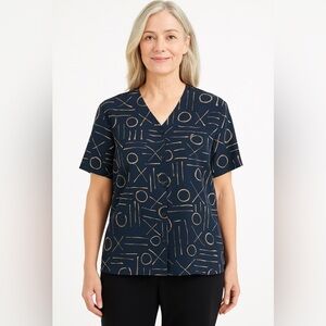 Jones New York 100% Silk Blouse 14P Navy Geometric Print‎ Button Front Petite
